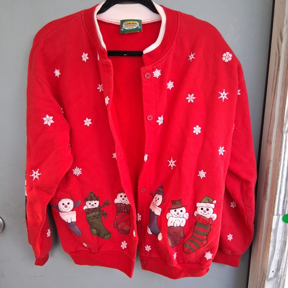Vintage 90s Cozy Grandma Christmas Snowman Cardigan Sweater USA Butter Mom XL